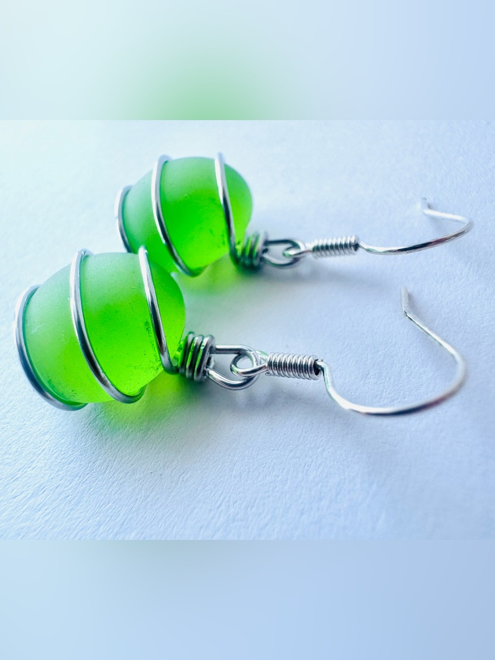 Green Sea Glass Wire-Wrap Earrings